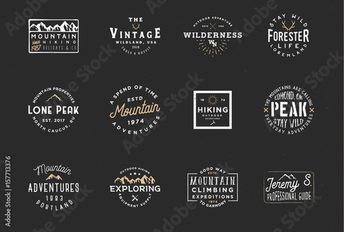 Set of mountain expedition badges, adventure labels. Vintage retro typography design