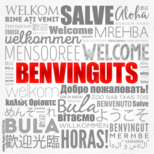 Benvinguts (Welcome in Catalan) word cloud in different languages, conceptual background