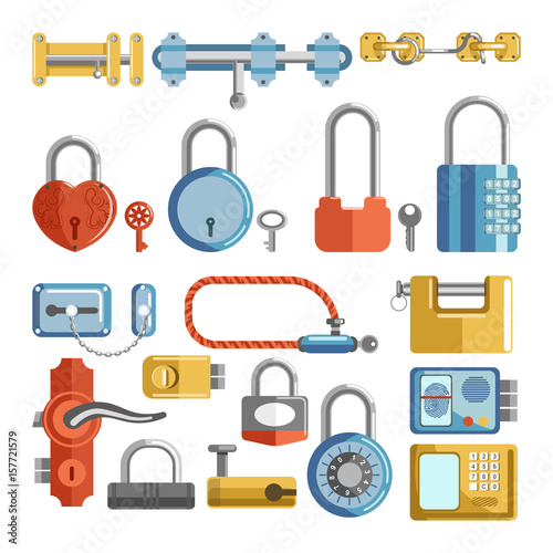 Door locks and padlock latches keys vector retro and modern flat icons