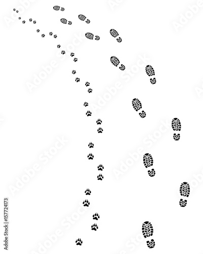 Footprints of man and dog, turn left, vector
