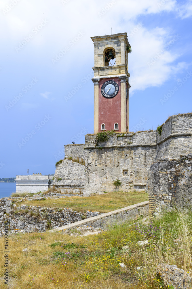 The view of  clock tower in old Byzantine fortress in Kerkyra, Corfu island in Greece.