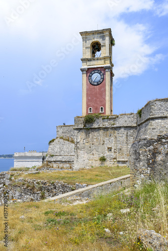 The view of clock tower in old Byzantine fortress in Kerkyra, Corfu island in Greece.