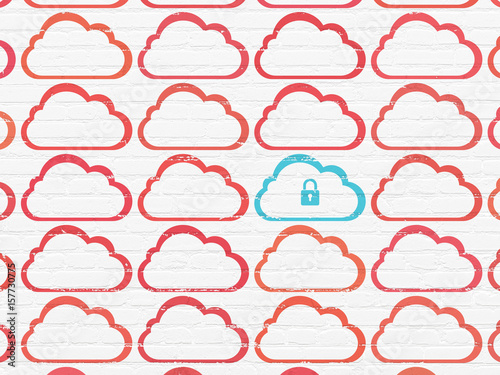 Cloud computing concept: cloud with padlock icon on wall background
