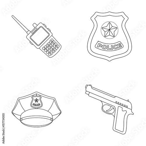 Radio, police officer s badge, uniform cap, pistol.Police set collection icons in outline style vector symbol stock illustration web. photo