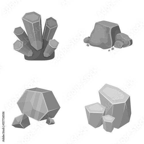 Crystals, iron ore. Precious minerals and a jeweler set collection icons in monochrome style vector symbol stock illustration web.