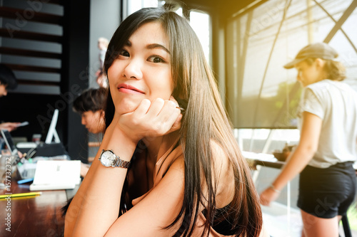 Portrait of pretty women relax in coffee shop