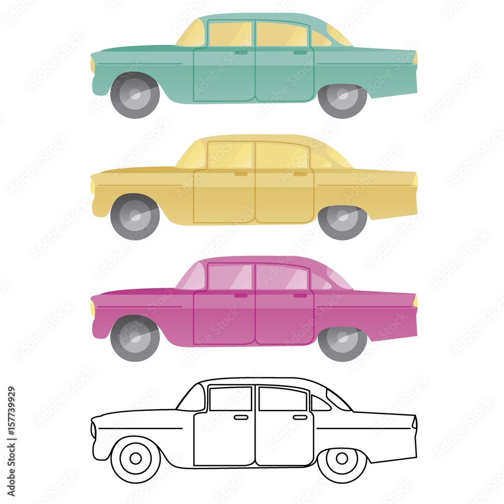 VINTAGE CARS. OLD AUTOMOBILES.
Colored versions & line draw.