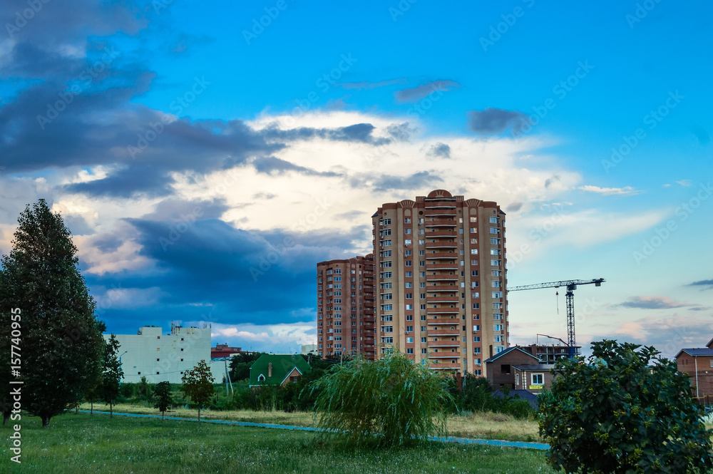 Modern apartmen buildings against blue sky