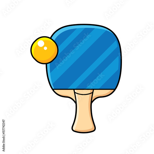 Blue ping pong racket and ball icon isolated