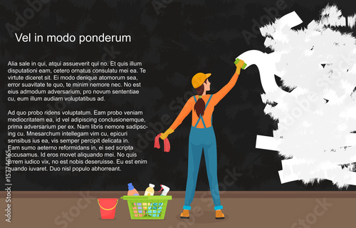 A cartoon woman cleaner wipes away a dark dirty wall. Painting a color wall. Website reconstruction.