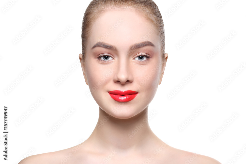 Beautiful girl with red lips portrait isolated on white, crop Beautiful girl with red lips portrait isolated on white, crop