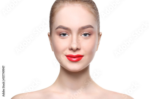 Beautiful girl with red lips portrait isolated on white  crop