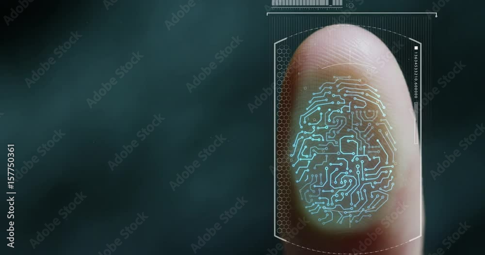   futuristic digital processing of biometric fingerprint scanner. concept of surveillance and security scanning of digital programs and fingerprint biometrics. cyber futuristic applications future voi