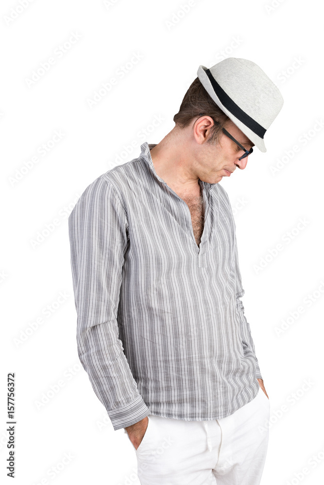 attractive candid european middle-aged male with head and striped shirt in thoughtful pose - isolated on white background attractive candid european middle-aged male with head and striped shirt in thoughtful pose - isolated on white background