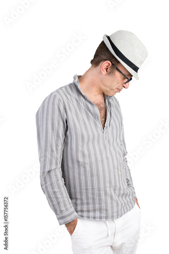 attractive candid european middle-aged male with head and striped shirt in thoughtful pose - isolated on white background
