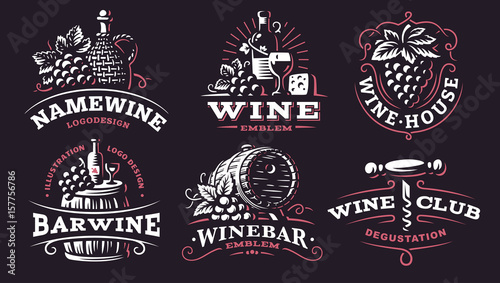 Wine set logo - vector illustrations, emblems design on dark background