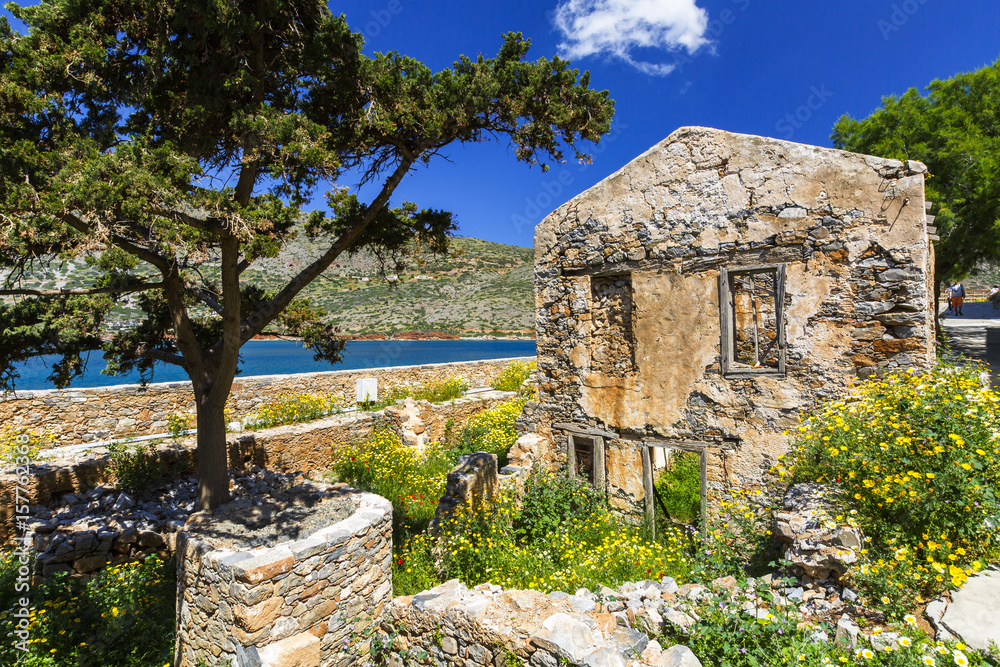 Historical site of Spinalonga island on a sunny spring day, Crete, Greece. 
