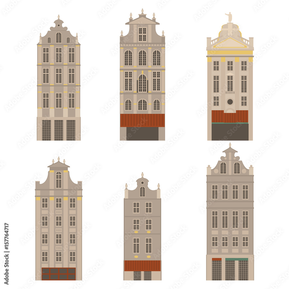 City sights. Brussels architecture landmark. Belgium country flat travel elements. Famous square Grand place. Facade historic houses City sights. Brussels architecture landmark. Belgium country flat travel elements. Famous square Grand place. Facade historic houses