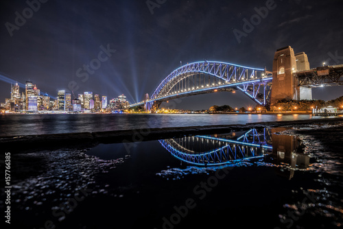 Sydney nightlight, Australia. May 30, 2017. Sydney city illuminated with colourful light design imagery, during the Vivid Sydney. The view from milsons point.