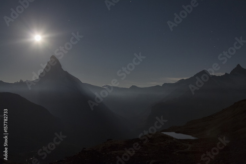 The silhouette of the Matterhorn moonlit,Zermatt valley, Valais-Wallis Canton, Switzerland