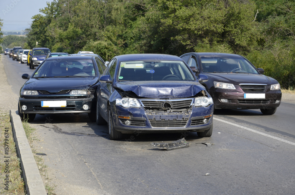 The image of crashed cars on city road traffic jam The image of crashed cars on city road traffic jam