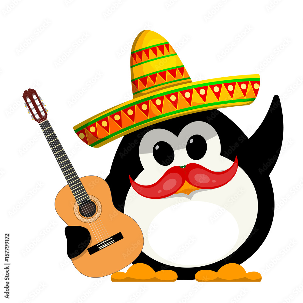 Penguin with a guitar and a sombrero. Cartoon color image of a young funny little penguin in Mexican style. Children's costume of carnival. Vector illustration Penguin with a guitar and a sombrero. Cartoon color image of a young funny little penguin in Mexican style. Children's costume of carnival. Vector illustration
