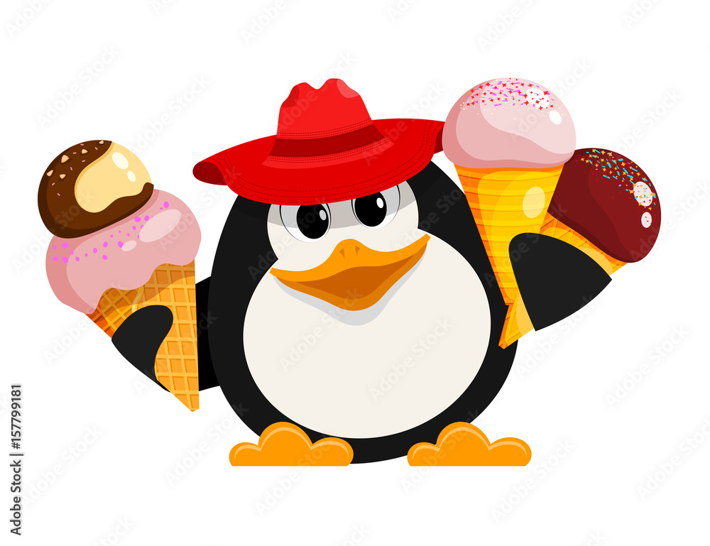 Fototapeta premium Penguin with ice cream. Cartoon style color image of a small cute penguin in a red hat with ice cream on a white background. Vector illustration