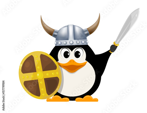 Iittle penguin in a viking costume. Child penguin with a shield, sword and horned helmet on a white background. Costume for the performance. Vector illustration