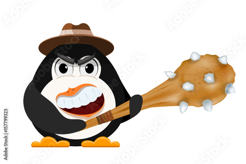 Abstract evil penguin with a hat and a primitive cudgel in his hands. The concept of anger and anger. Cartoon style vector illustration