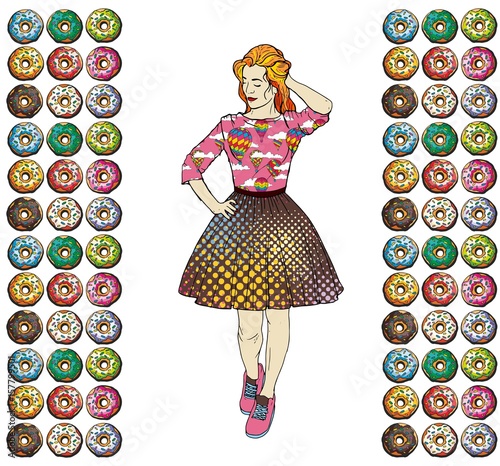 Pop art girl with donuts. Hand drawn vector illustration.