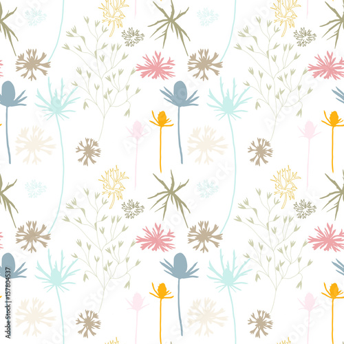 Floral vector seamless pattern with cornflowers, thistles and grasses.