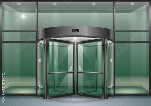 The facade of a modern shopping center or station, an airport with revolving doors. Vector graphics