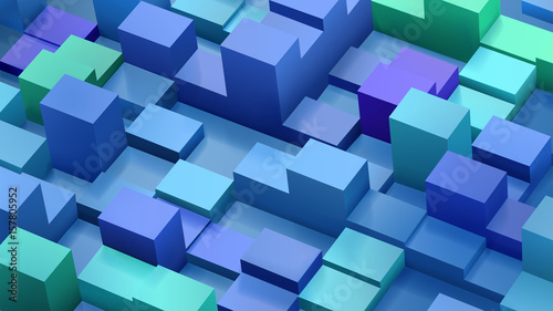 Abstract background of cubes and parallelepipeds in blue and green colors