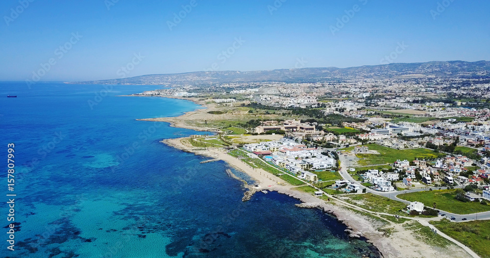 flying over the island. paradise. island with villas and hotels. Mediterranean Sea. Cyprus. Drone Point of View	