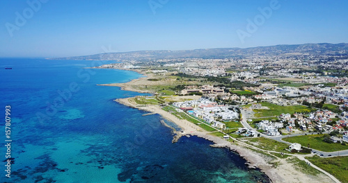 flying over the island. paradise. island with villas and hotels. Mediterranean Sea. Cyprus. Drone Point of View 
