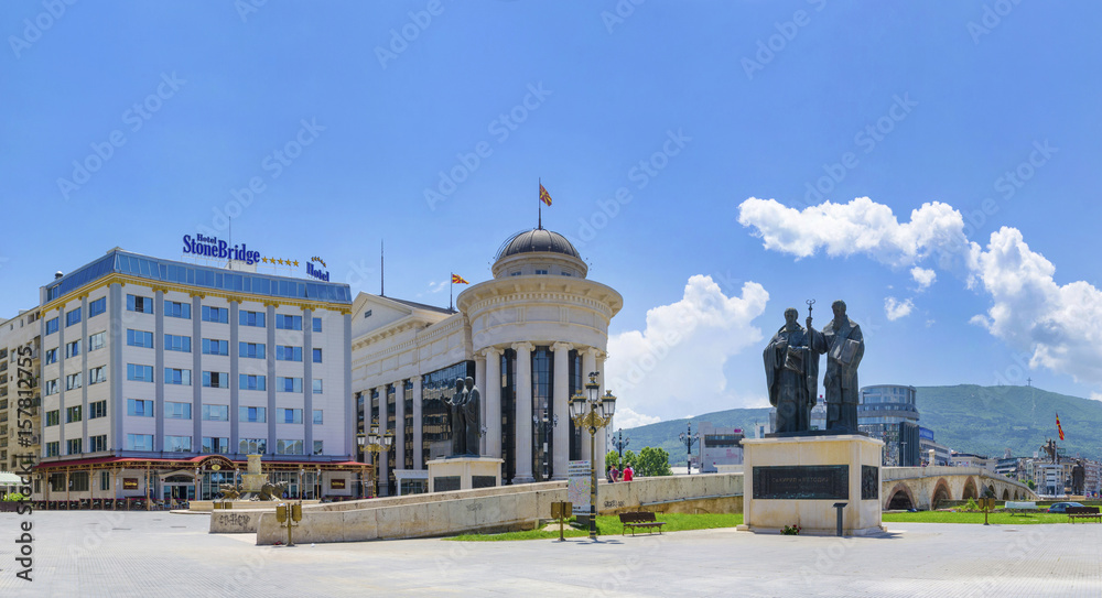 Skopje square Filip II of Macedonia with statue of St. Kiril and Methodius