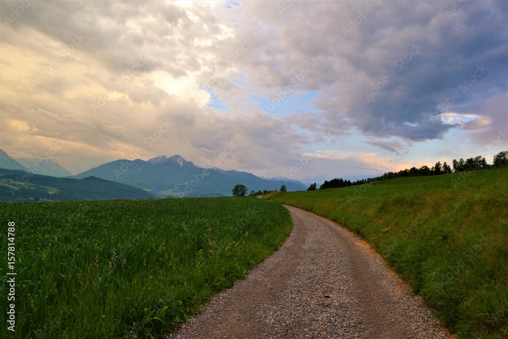 Weg mit Feldern in den Bergen in Tirol Weg mit Feldern in den Bergen in Tirol