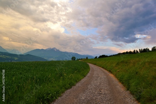 Weg mit Feldern in den Bergen in Tirol