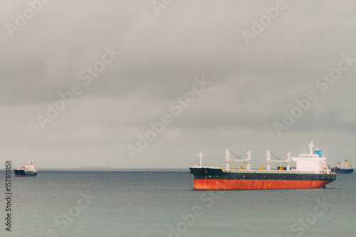 Several freighter ships in a bay on a cloudy day