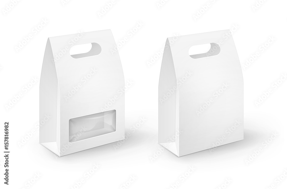 Vector Set of White Blank Cardboard Rectangle Take Away Handle Lunch Boxes Packaging For Sandwich, Food, Gift, Other Products with plastic windows Mock up Close up Isolated on White Background
