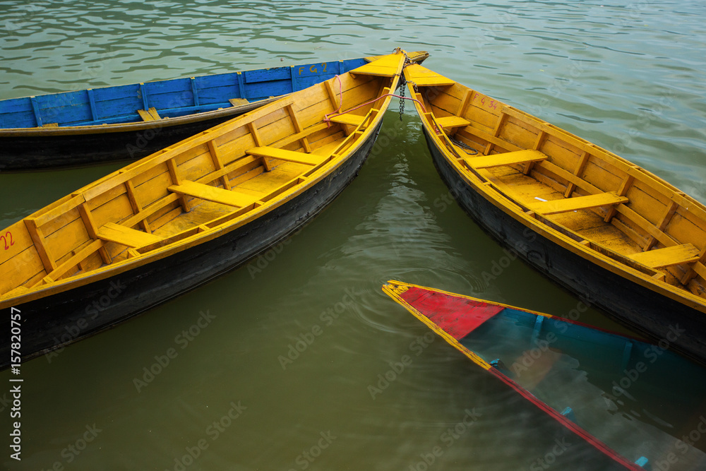 Colourful boats on the lake of Pokhara in Nepal.