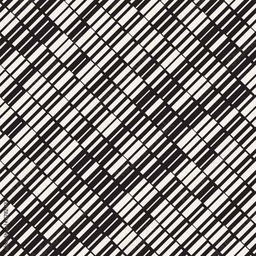 Vector Seamless Black And White Irregular Dash Rectangles Grid Pattern. Abstract Geometric Background Design