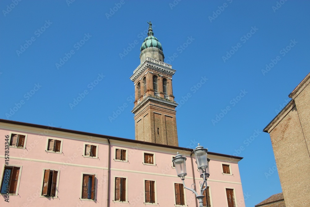 Square and bell Tower of the new cathedral  Peter and Paul in the town Adria. Veneto region, Italy, Europe. The town was once situated directly by the adriatic sea.