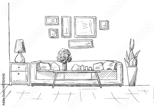 Linear sketch of an interior. Hand drawn vector illustration of a sketch style.