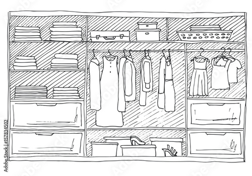 Open wardrobe with clothes on shelves and hangers. Vector illustration of a sketch style.