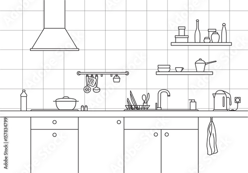 Kitchen sink. Kitchen worktop with sink, kitchen hood and plate in line style.