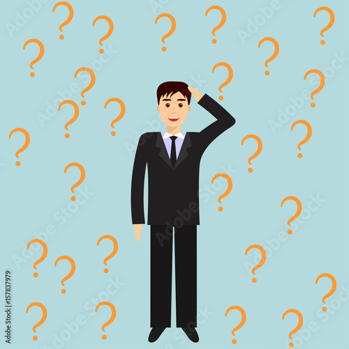 Thinking and smiling businessman, surrounded by question marks. Businessman thinking about business idea. Business idea concept. Flat design illustration, isolated.