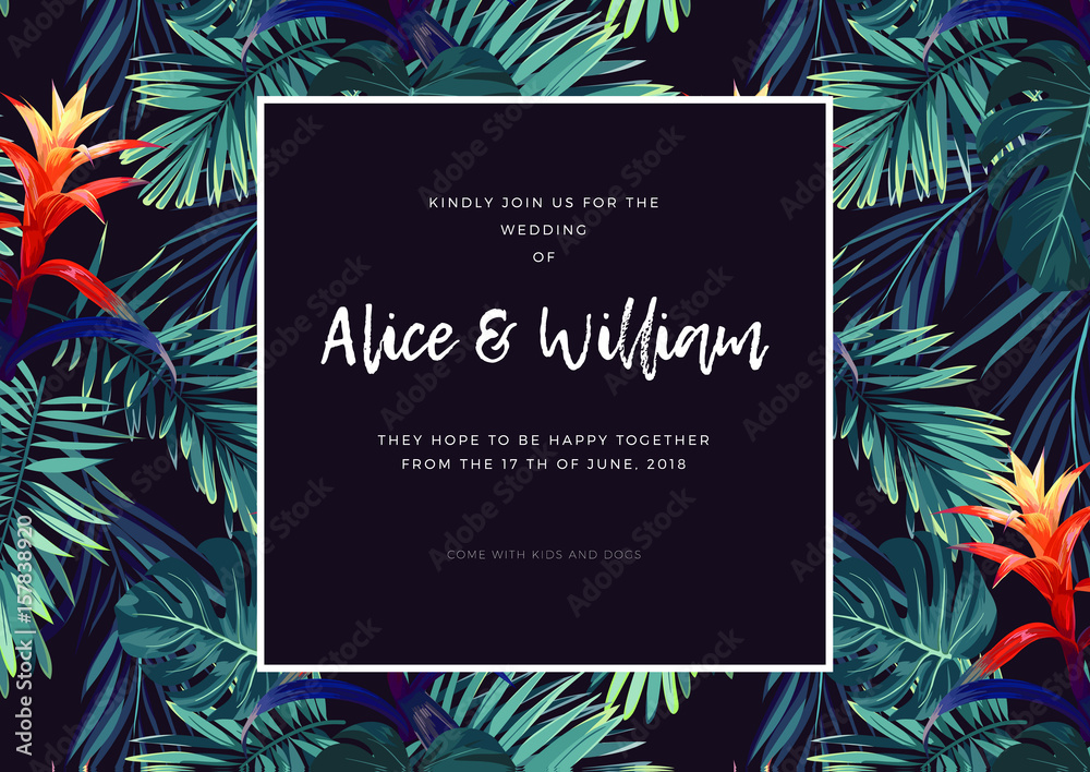 Fototapeta Floral wedding invitation with guzmania flowers, monstera and royal palm leaves. Exotic hawaiian vector background.