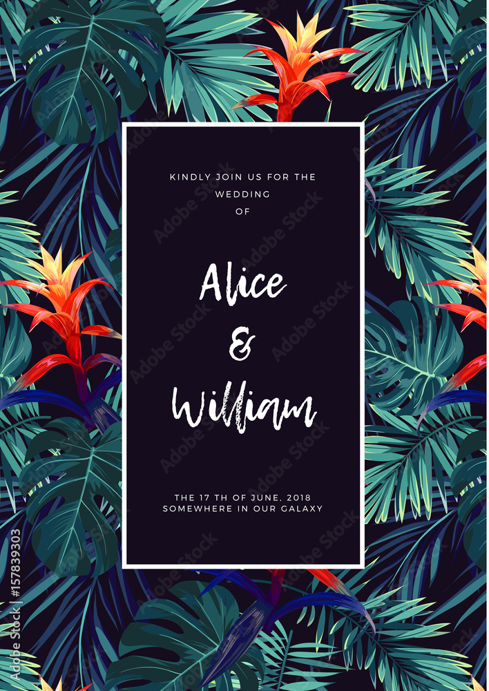 Obraz premium Floral wedding invitation with guzmania flowers, monstera and royal palm leaves. Exotic hawaiian vector background.