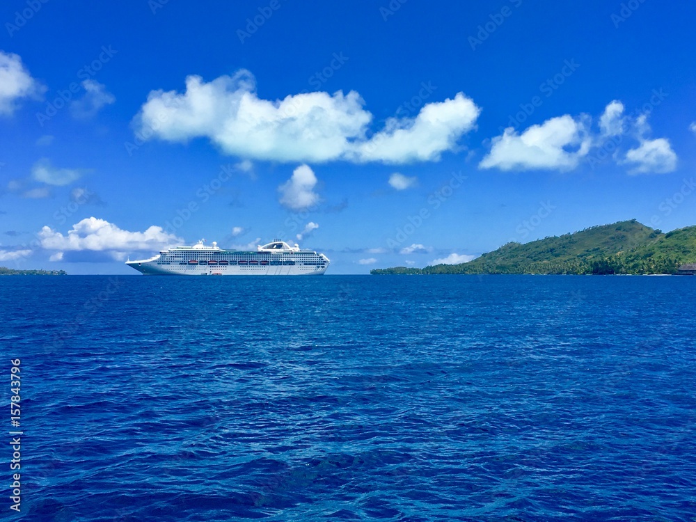 Beautiful view on the shore and coast line of Bora Bora, Tahiti, French Polynesia